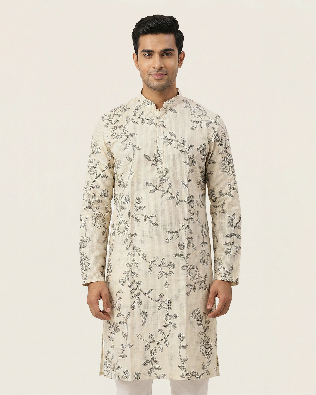 Off White Handwoven Chanderi Cotton Printed Kurta