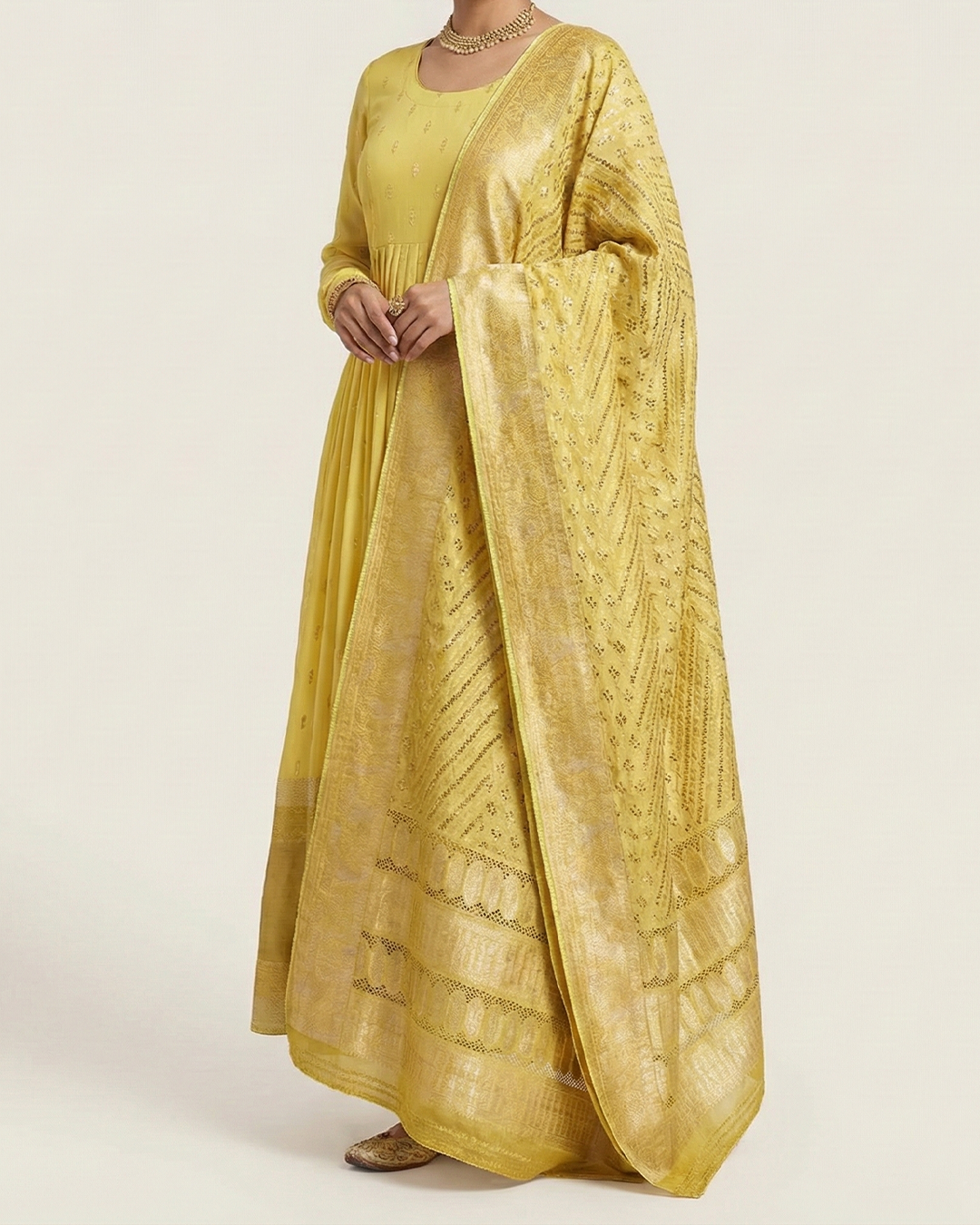 Yellow Handwoven Chiffon Kanjeevaram Anarkali