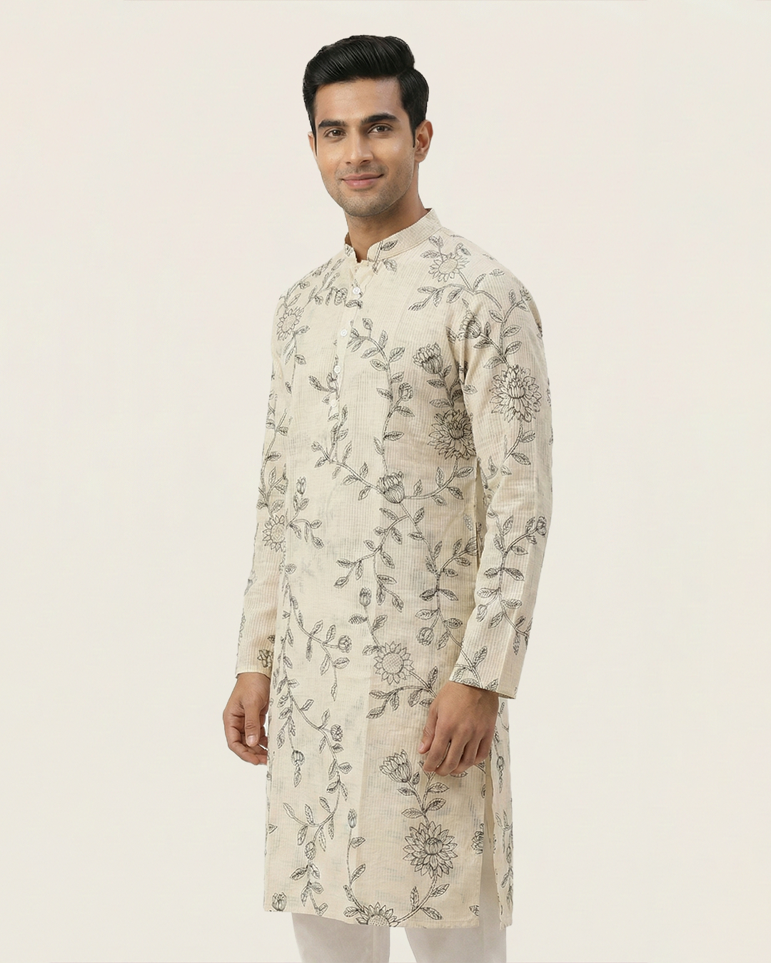 Off White Handwoven Chanderi Cotton Printed Kurta