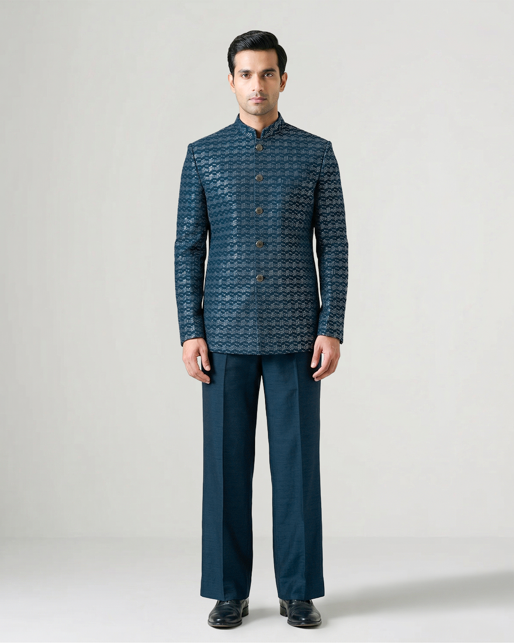 Indigo Handwoven Tussar Silk Embroidered Bandhgala