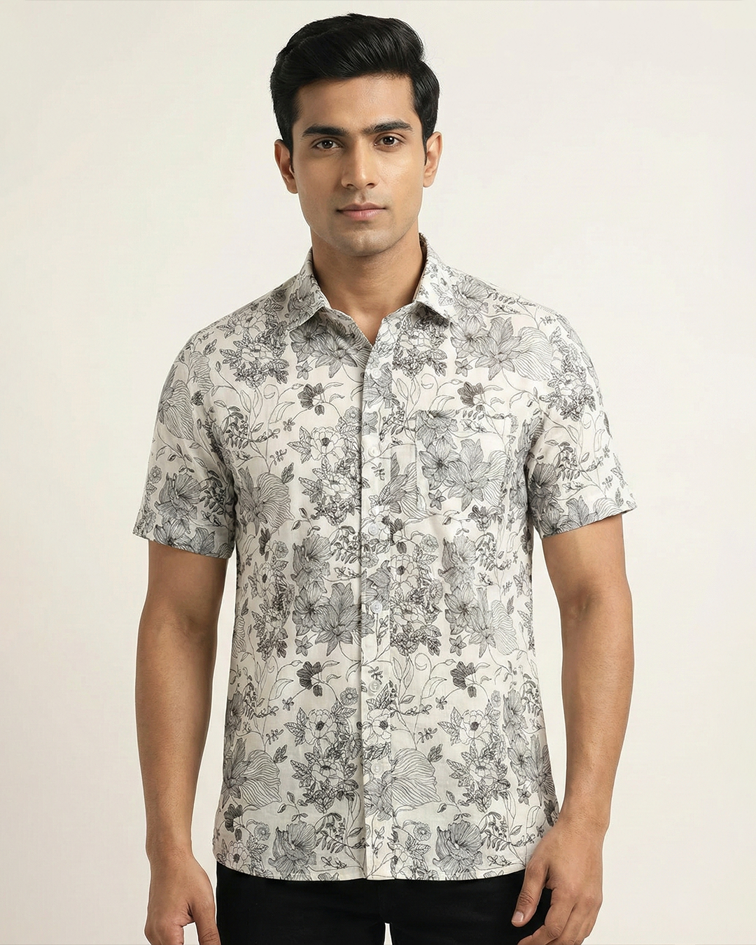 Off White Handwoven Chanderi Cotton Printed Shirt