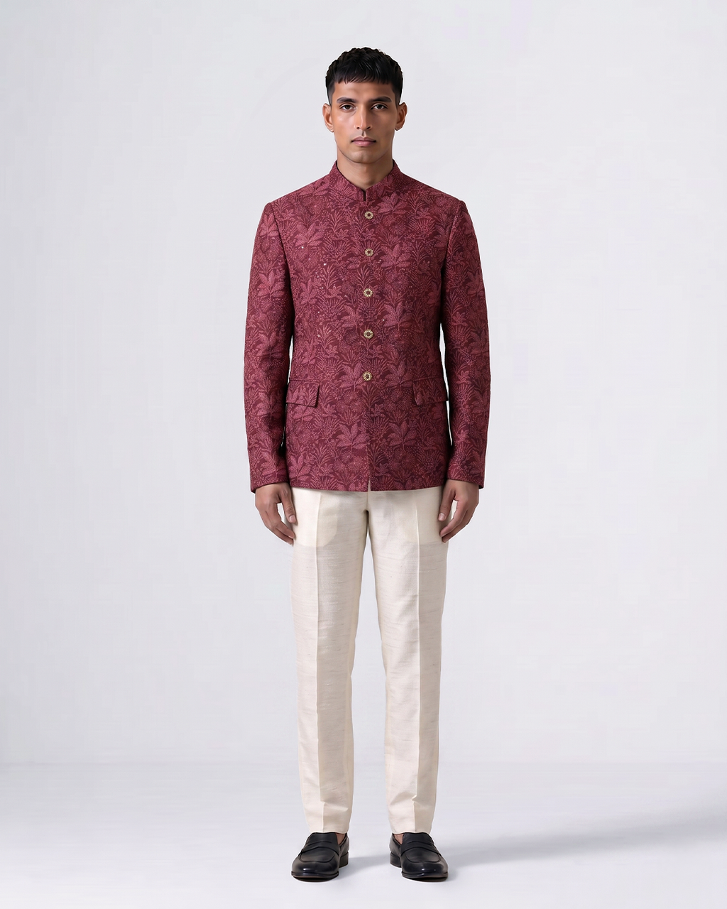 Maroon Handwoven Tussar Silk Embroidered Bandhgala