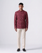 Maroon Handwoven Tussar Silk Embroidered Bandhgala