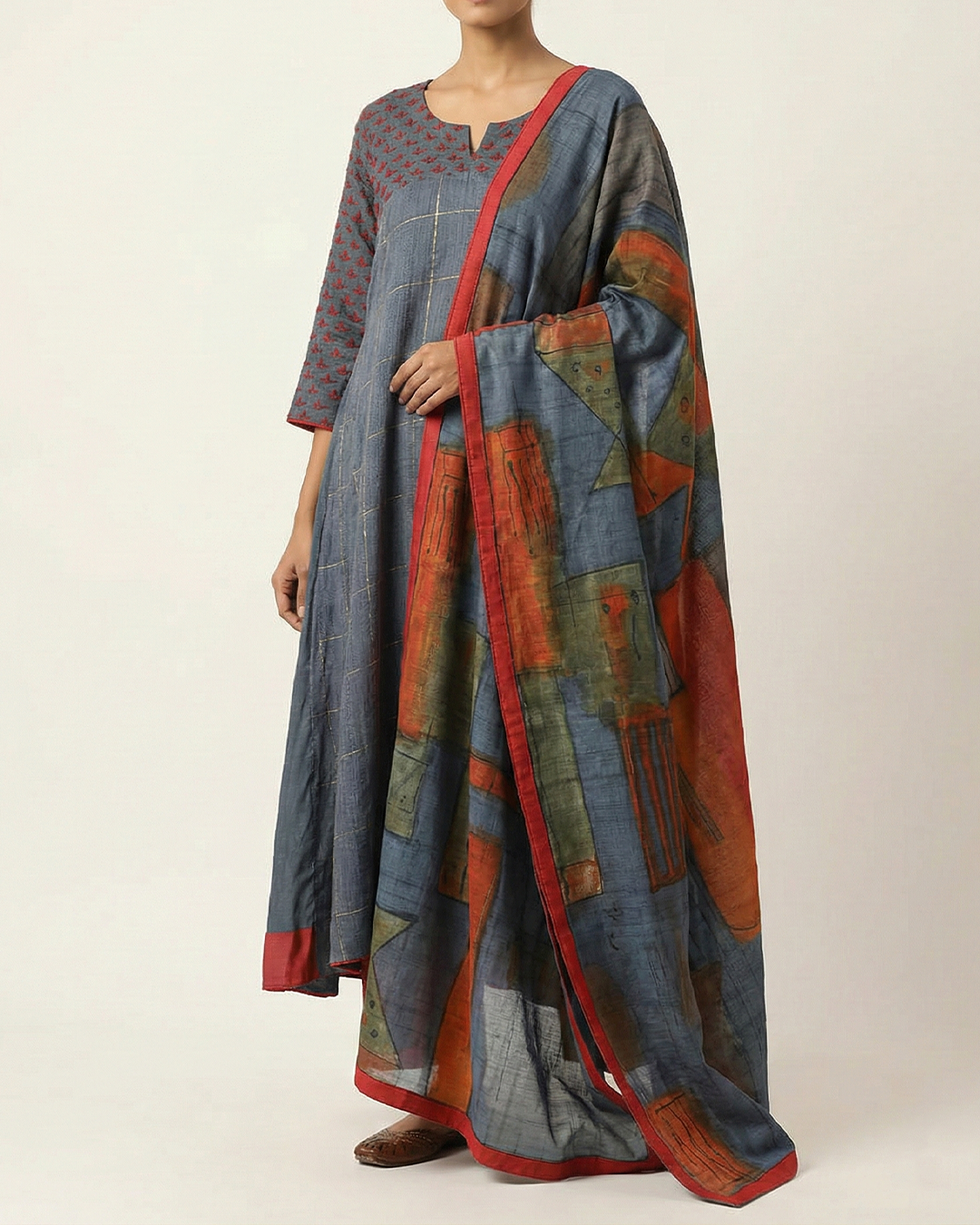 Blue Handwoven Matka Kota Sufi-Cut Kurta Set