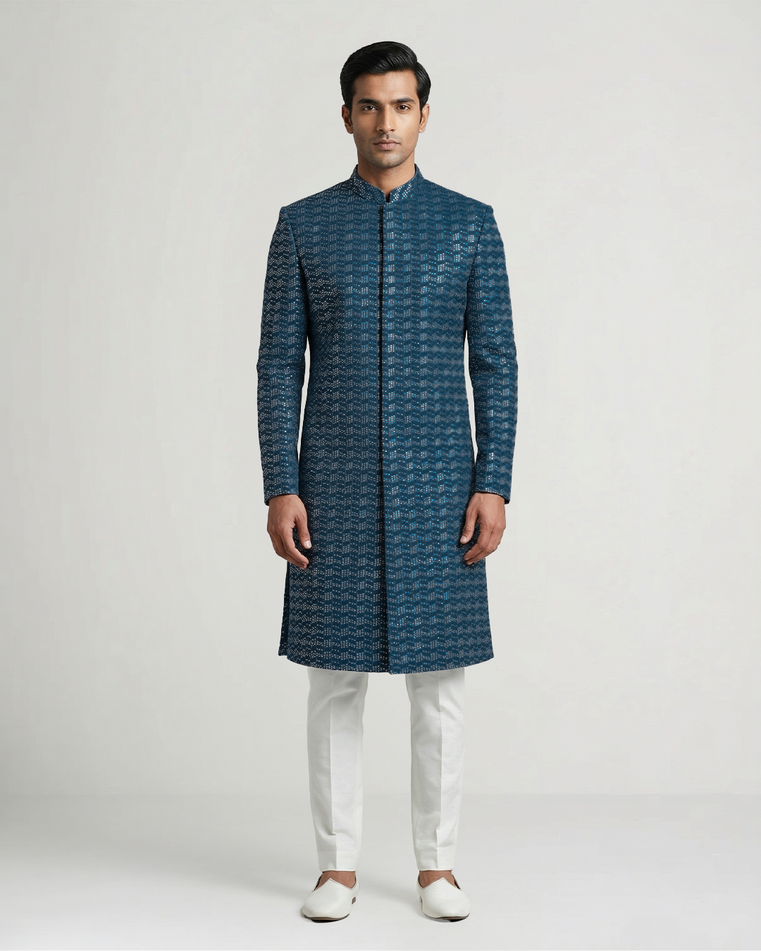 Indigo Handwoven Tussar Silk Embroidered Sherwani