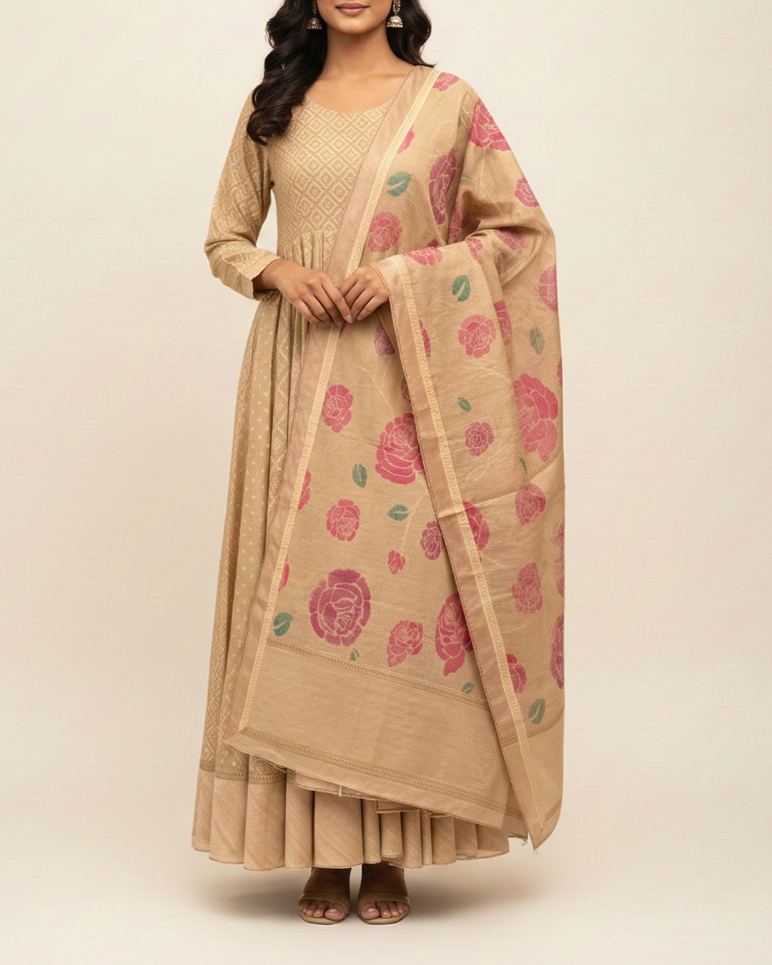 Beige Handwoven Banaras Cotton Silk Anarkali