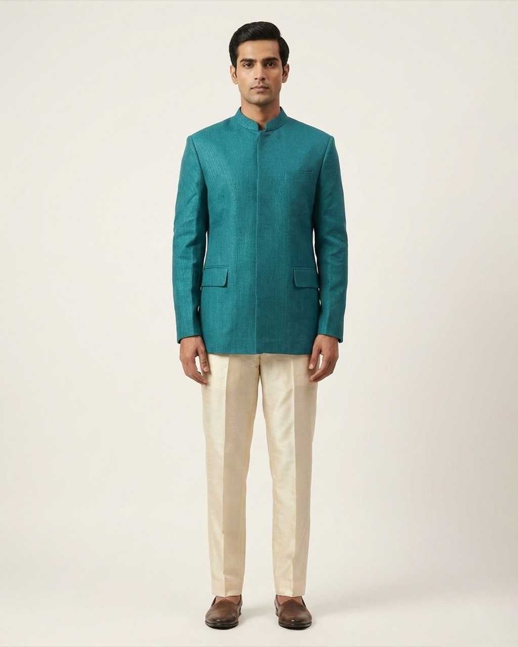 Turquoise Handwoven Matka Katha Embroidery Bandhgala Set