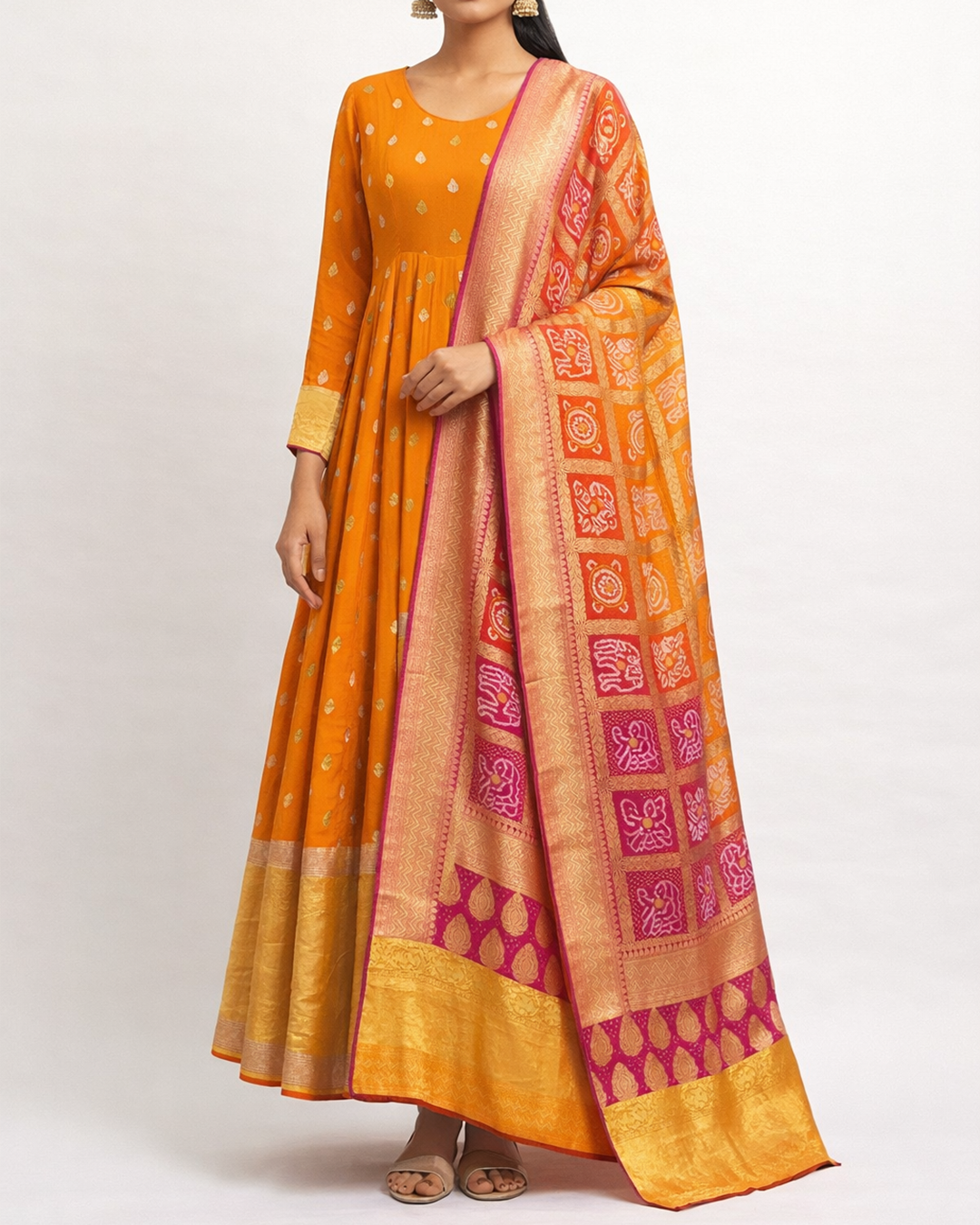 Orange Handwoven Chiffon Kanjeevaram Anarkali