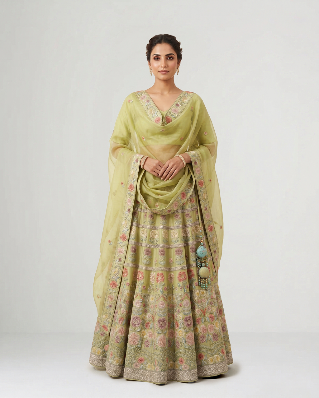 Green Gulmohar Bagh Hand-Embroidered Lehenga Set