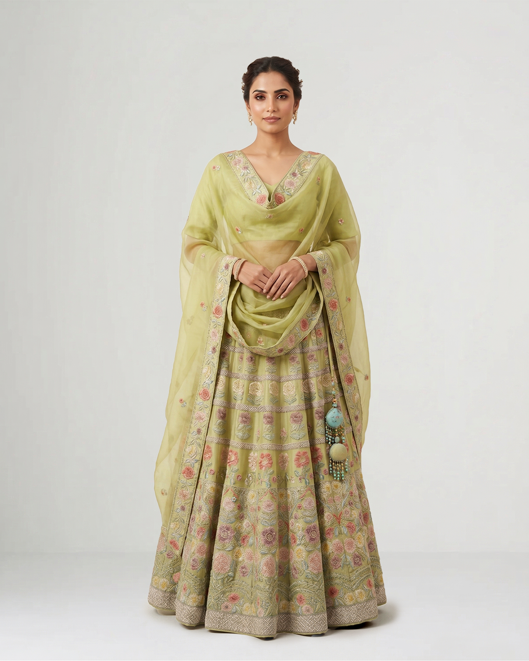 Green Gulmohar Bagh Hand-Embroidered Lehenga Set