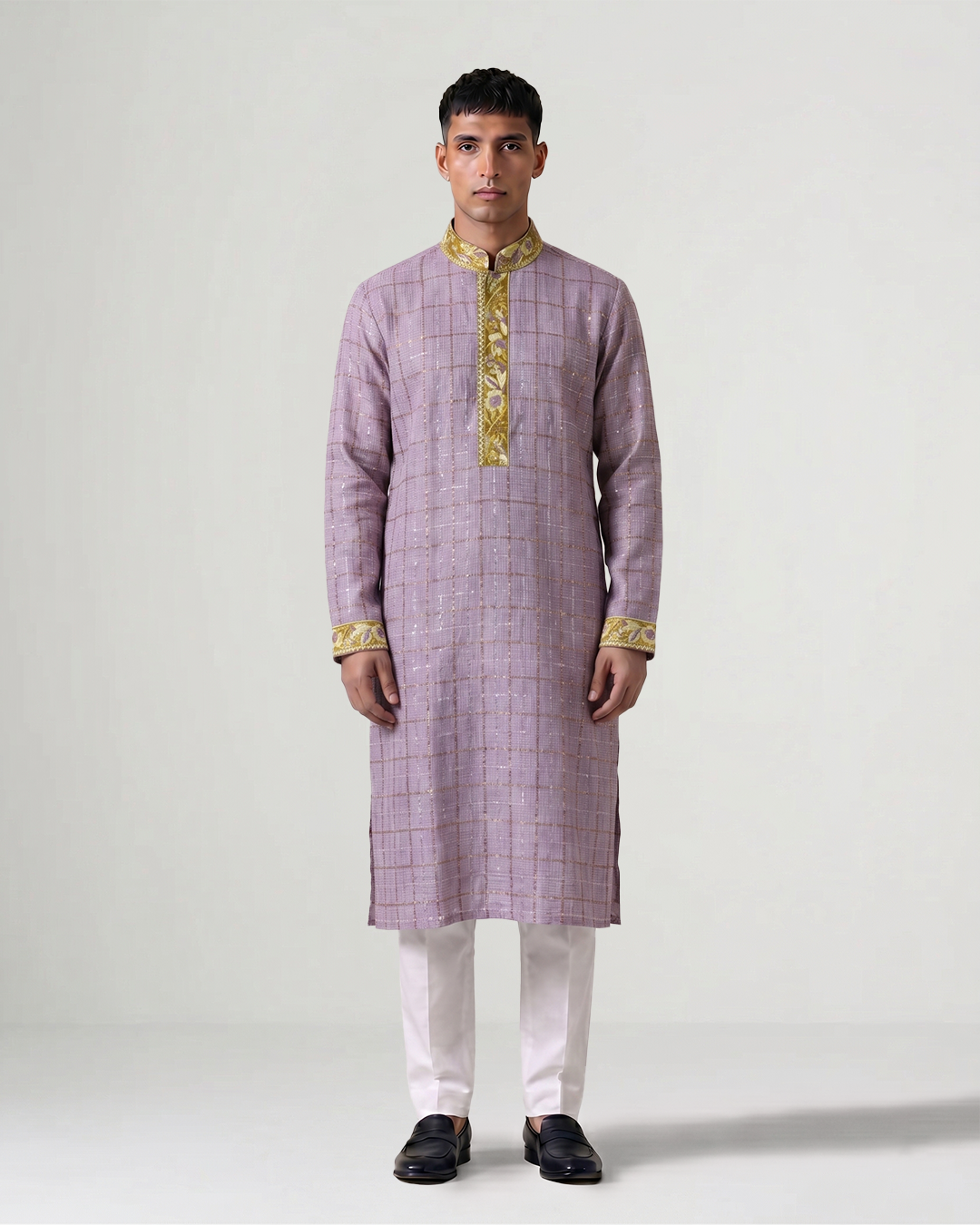 Mauve Handwoven Kota Kurta with Parsi Gara Embroidery