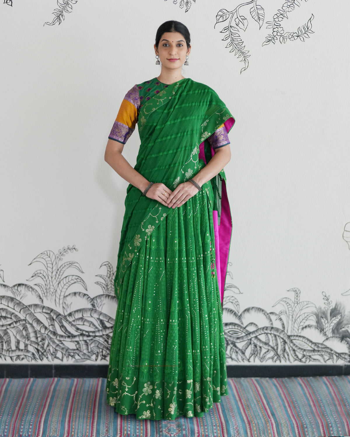 Green Handwoven Chanderi Cotton Embroidered Lehenga