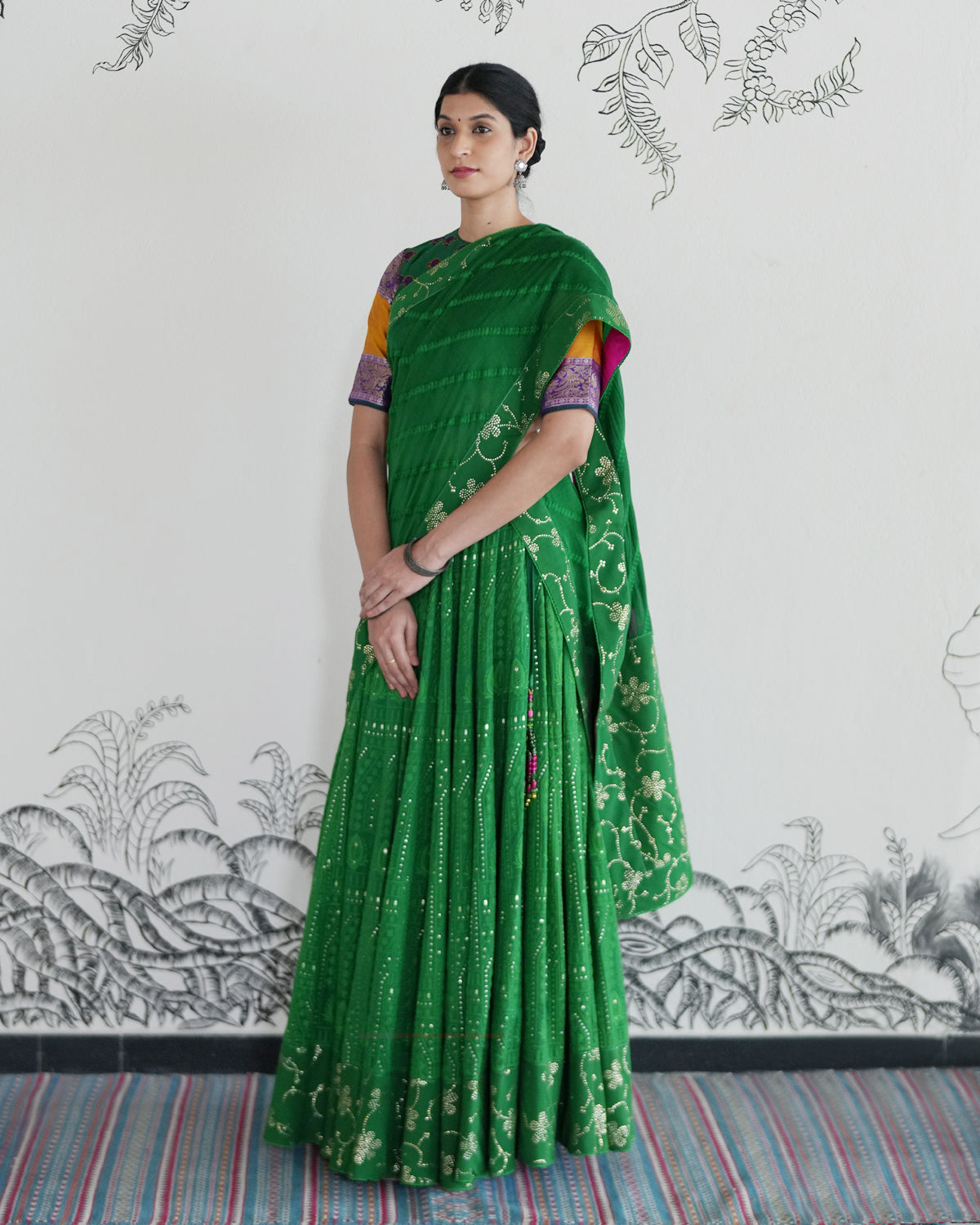 Green Handwoven Chanderi Cotton Embroidered Lehenga