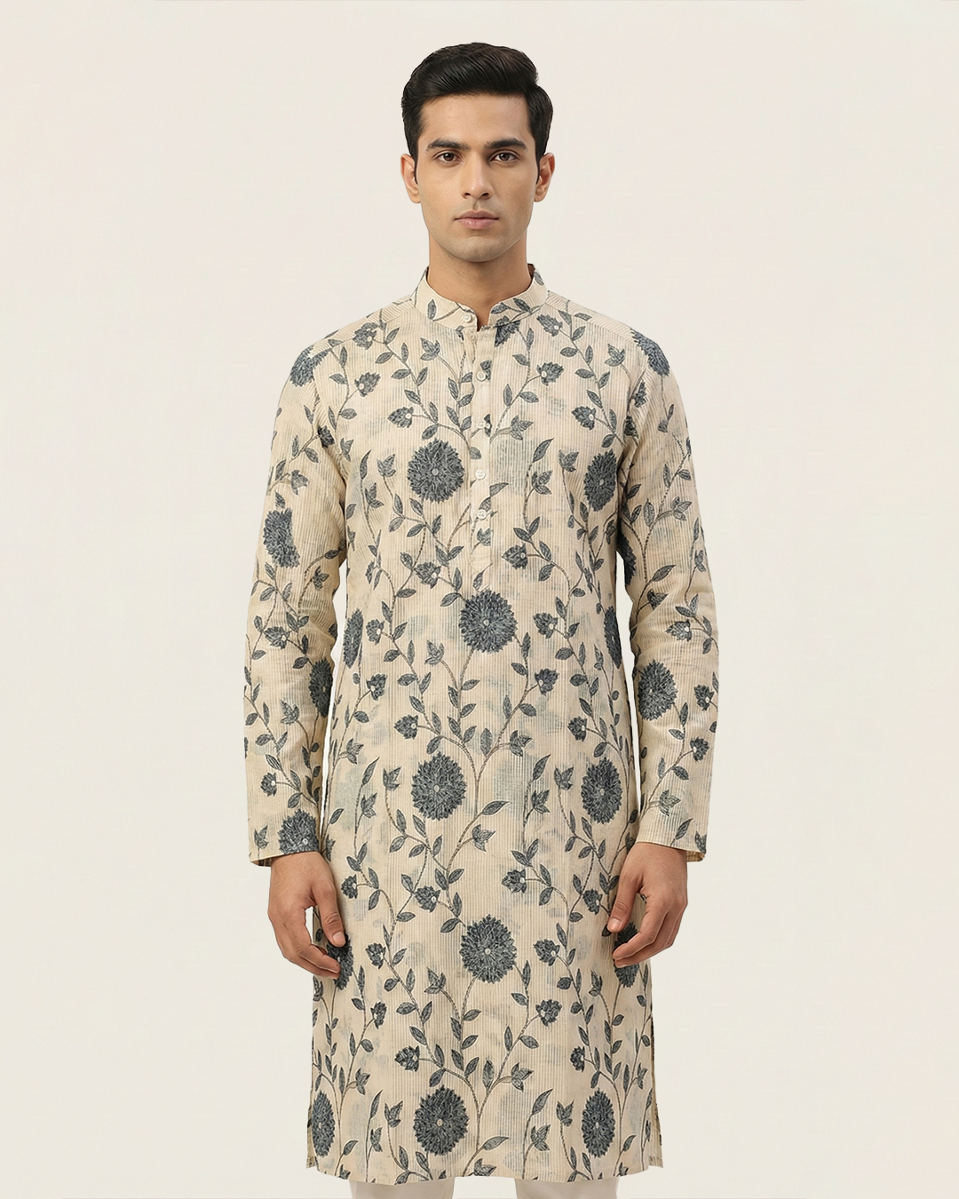 Off White Handwoven Chanderi Cotton Printed Kurta