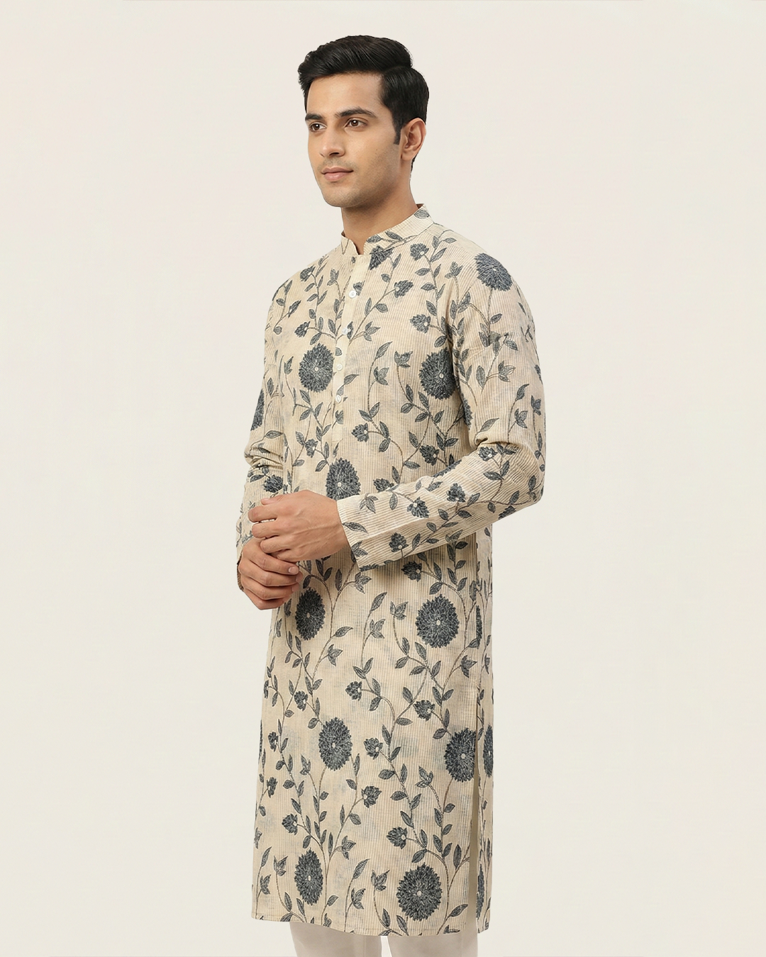 Off White Handwoven Chanderi Cotton Printed Kurta
