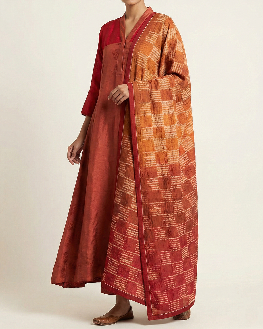 Brown Handwoven Satin Tussar Shaded Sufi-Cut Kurta Set