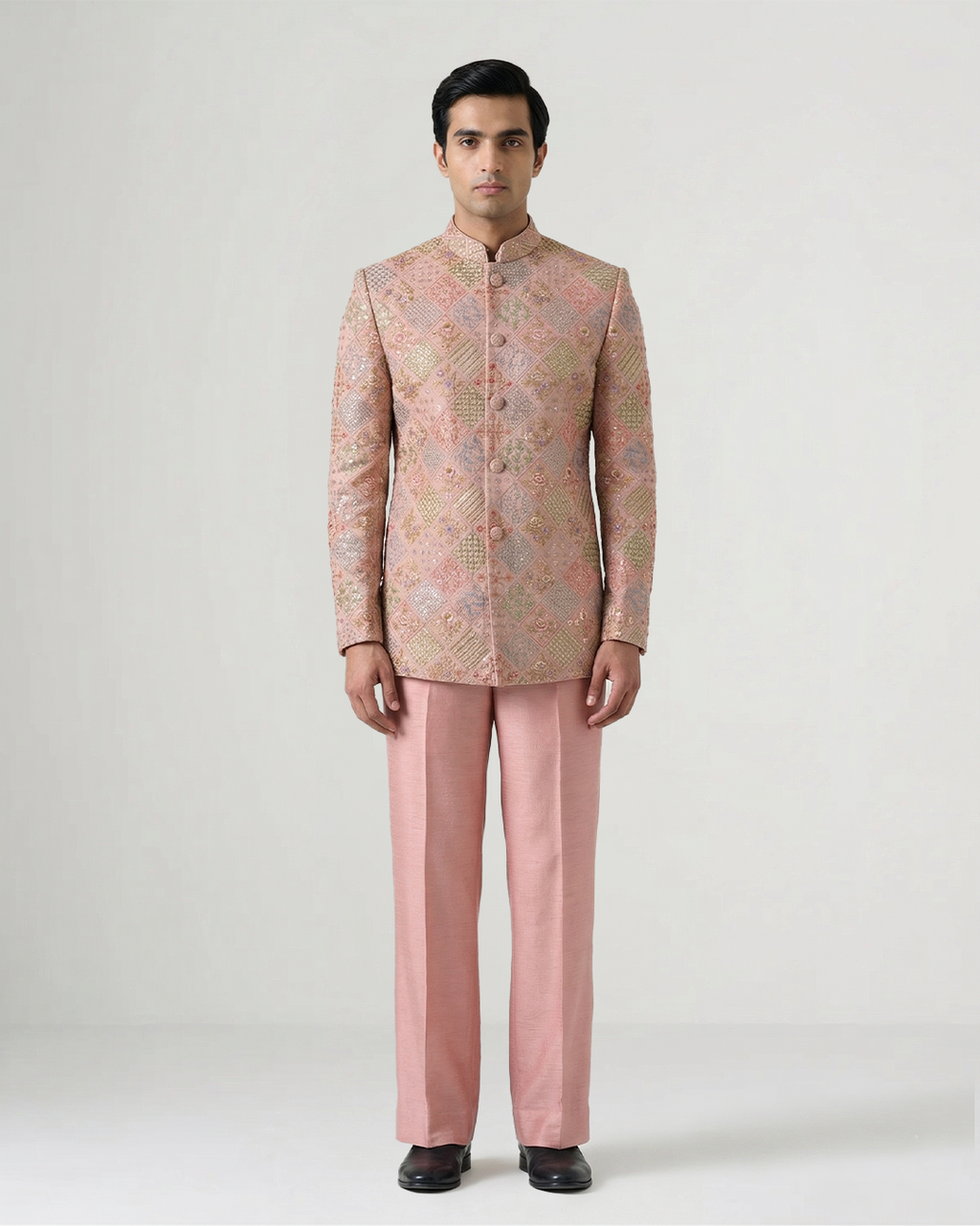 Light Pink Handwoven Chiffon Embroidered Bandhgala