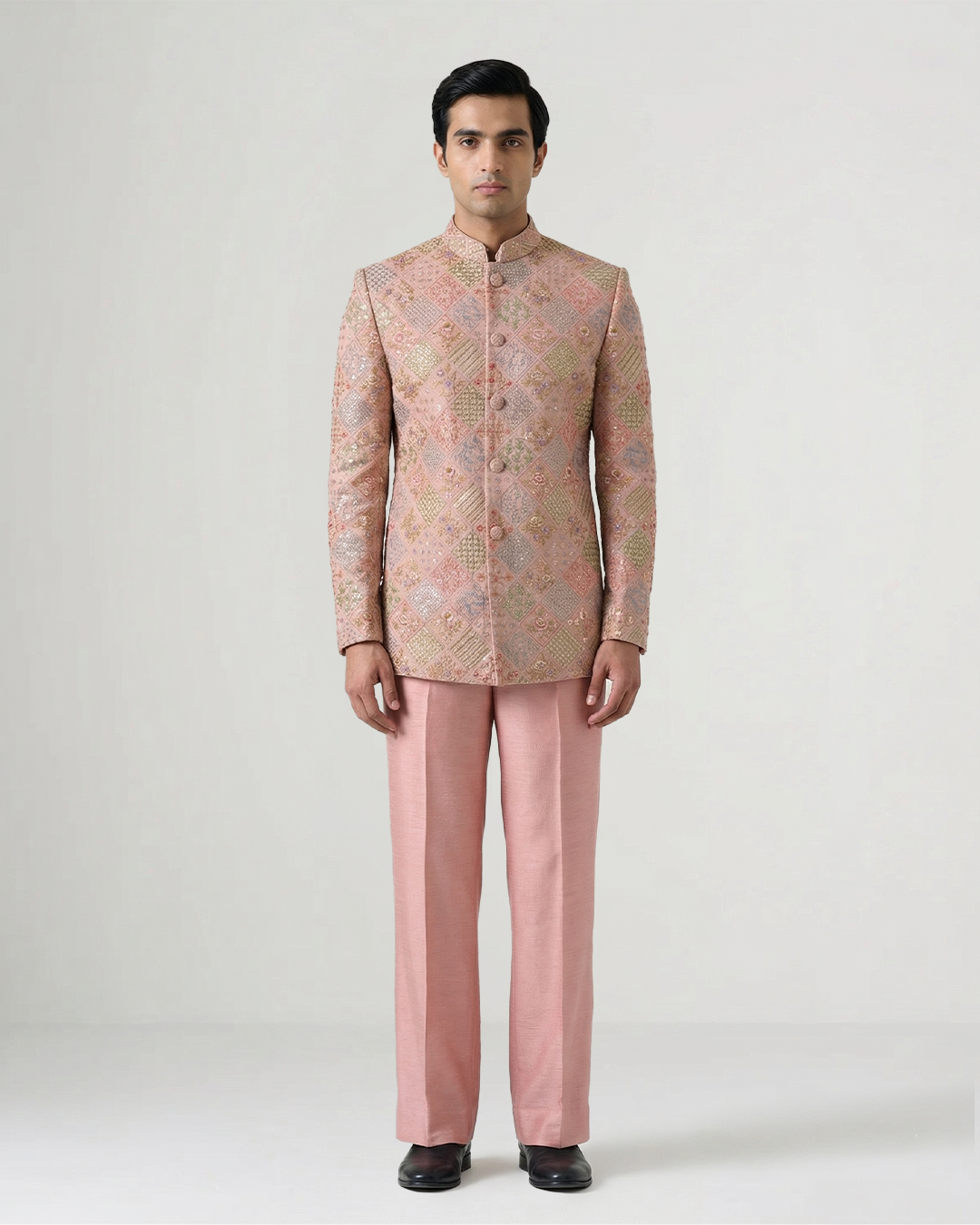 Light Pink Handwoven Chiffon Embroidered Bandhgala