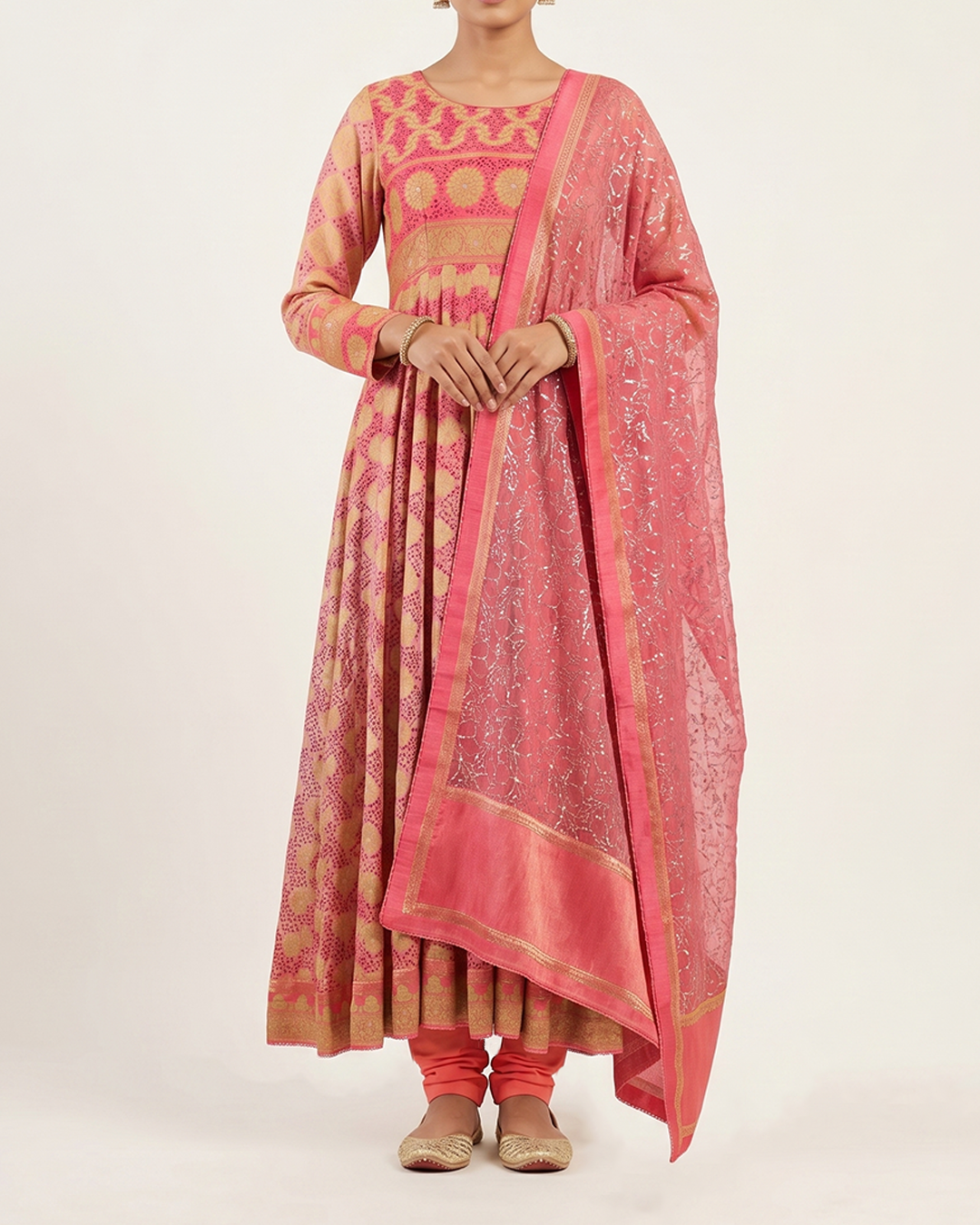 Peach Handwoven Banaras Georgette Bandhani Anarkali