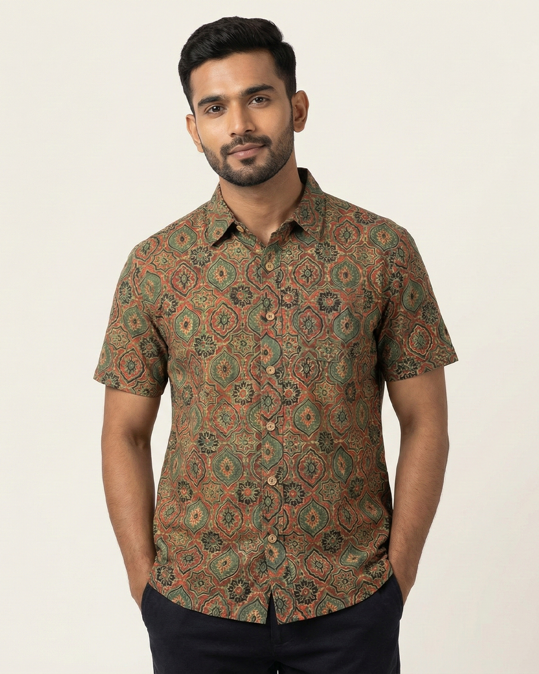 Green Handwoven Fine Silk–Cotton Ajrakh Hand Block Printed Shirt