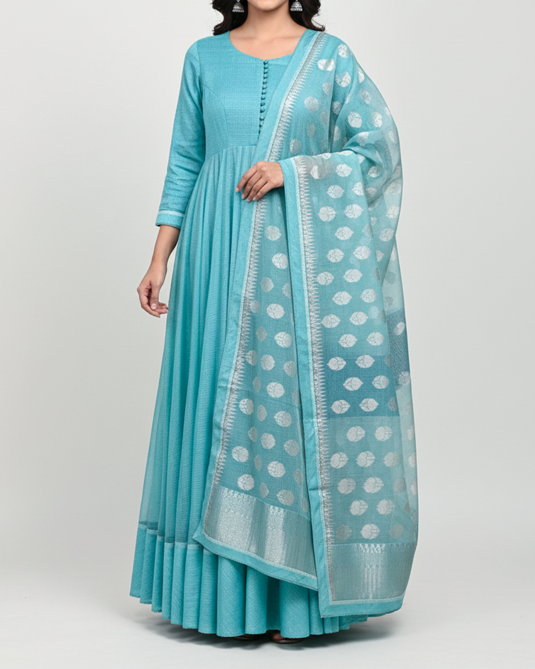 Turquoise Handwoven Tussar Kota Anarkali