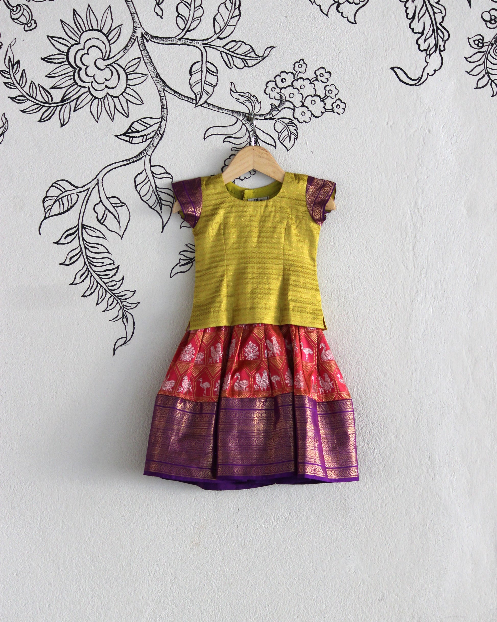 Lime Green & Coral Kanjeevaram Silk Lehenga