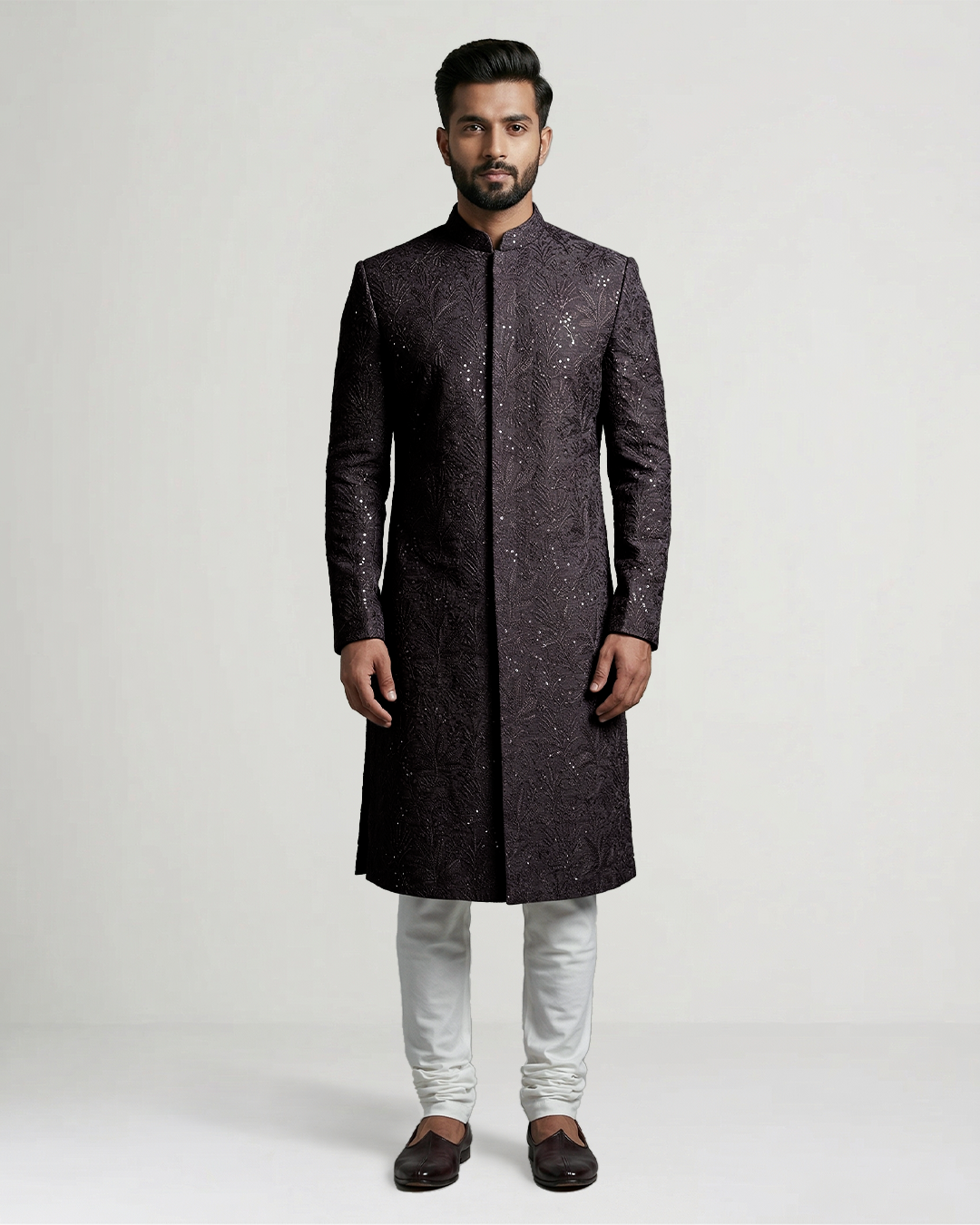 Black Handwoven Tussar Silk Embroidered Sherwani