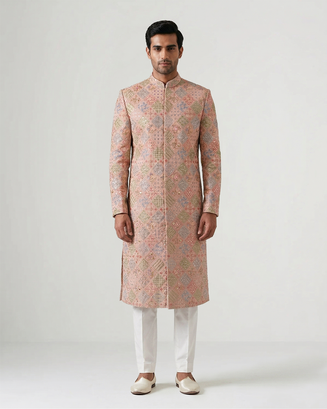 Light Pink Handwoven Chiffon Embroidered Sherwani