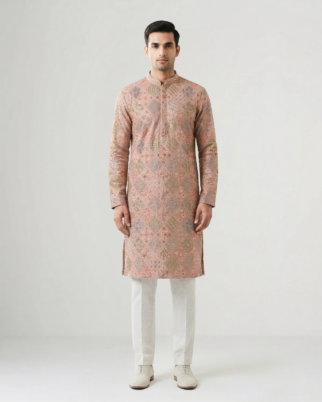 Light Pink Handwoven Chiffon Embroidered Kurta