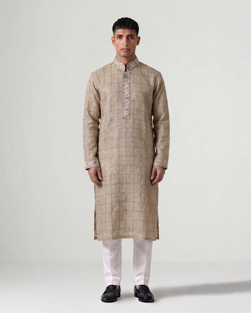 Beige Handwoven Kota Kurta with Parsi Gara Embroidery