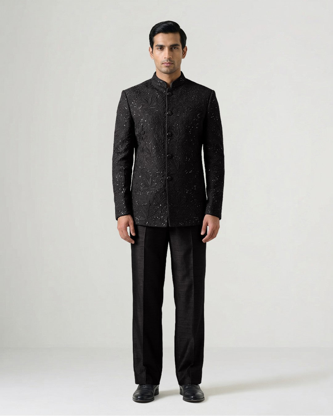 Black Handwoven Tussar Silk Embroidered Bandhgala