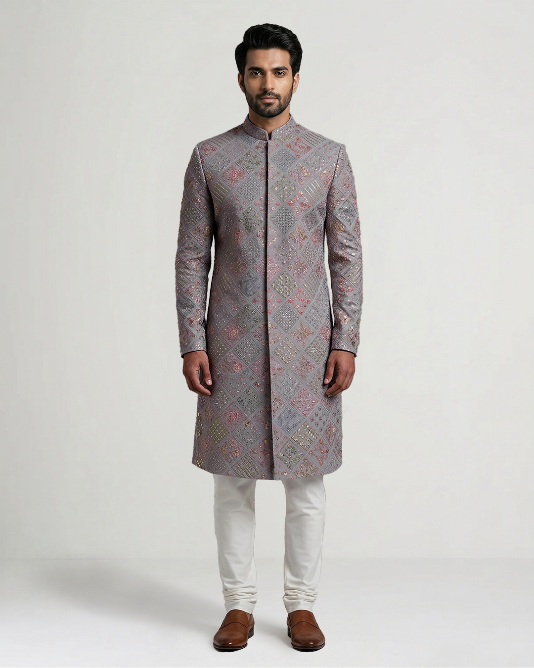 Grey Handwoven Chiffon Embroidered Sherwani