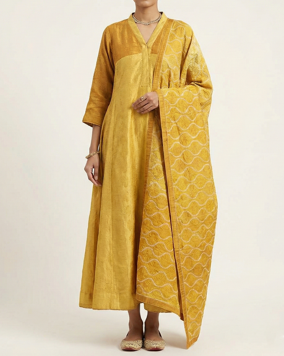 Yellow Handwoven Satin Tussar Shaded Sufi-Cut Kurta Set