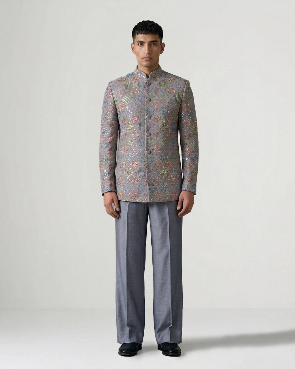 Grey Handwoven Chiffon Embroidered Bandhgala
