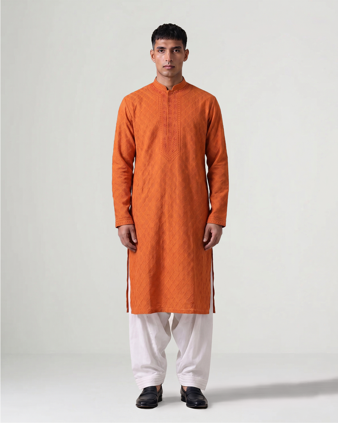 Orange Hand Chikankari Embroidered Kurta