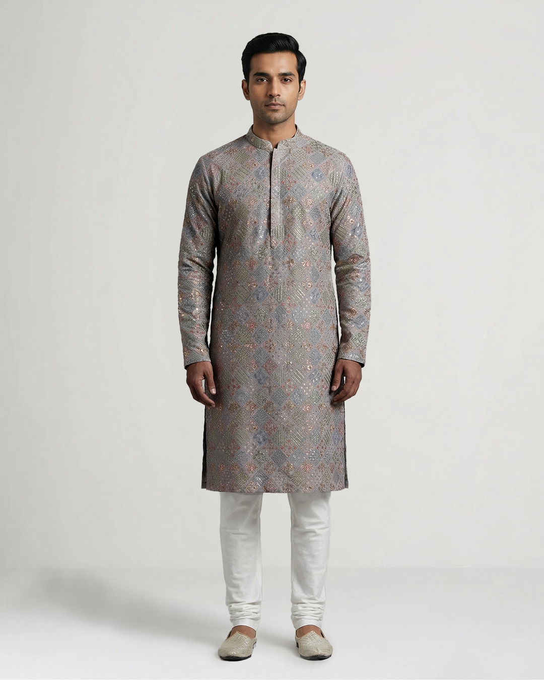 Grey Handwoven Chiffon Embroidered Kurta
