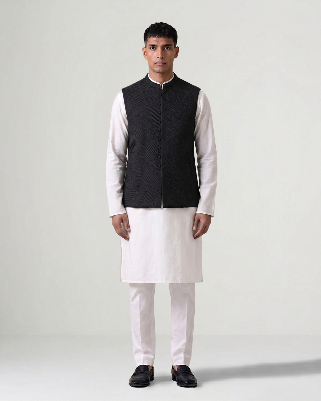Black Handwoven Silk Quilted Weave Bandi