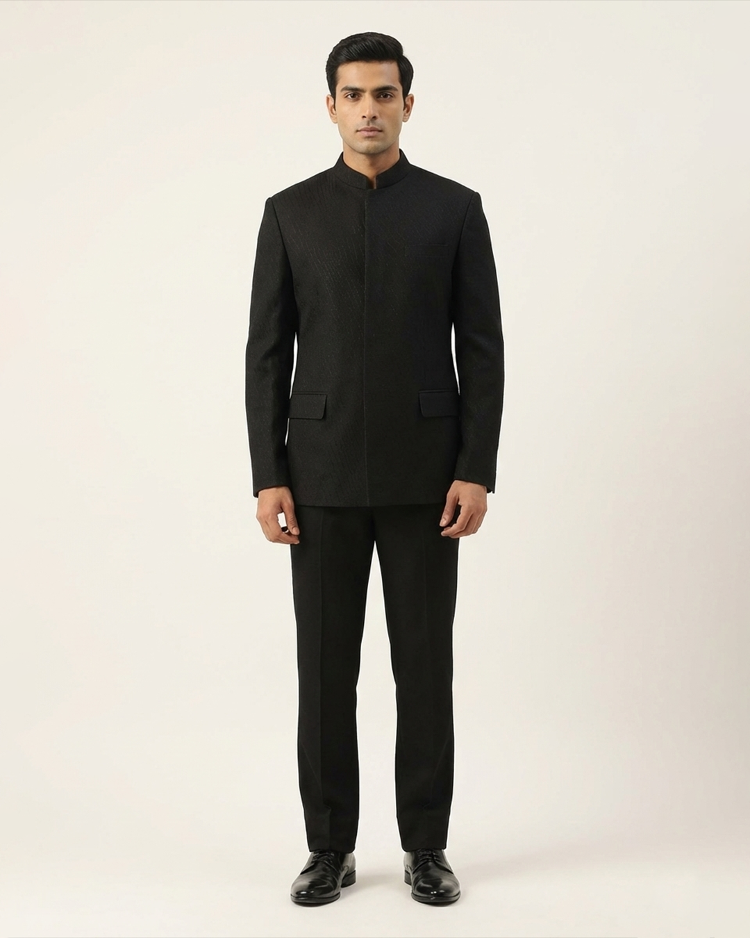 Black Handwoven Matka Katha Embroidery Bandhgala Set
