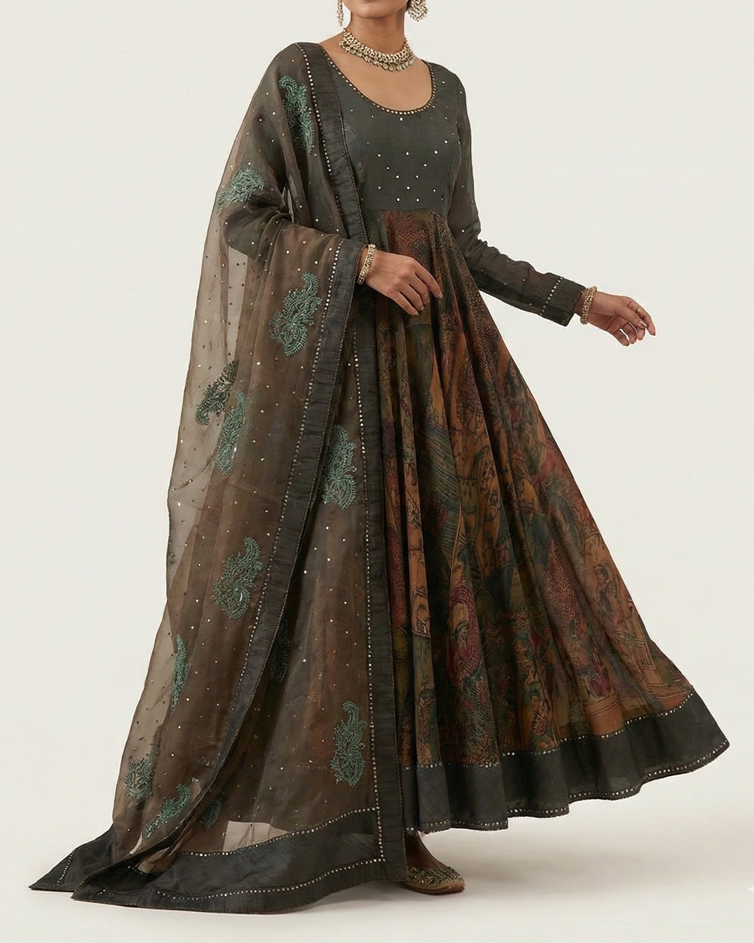 Green Handwoven Chiffon Handpainted Kalamkari Anarkali