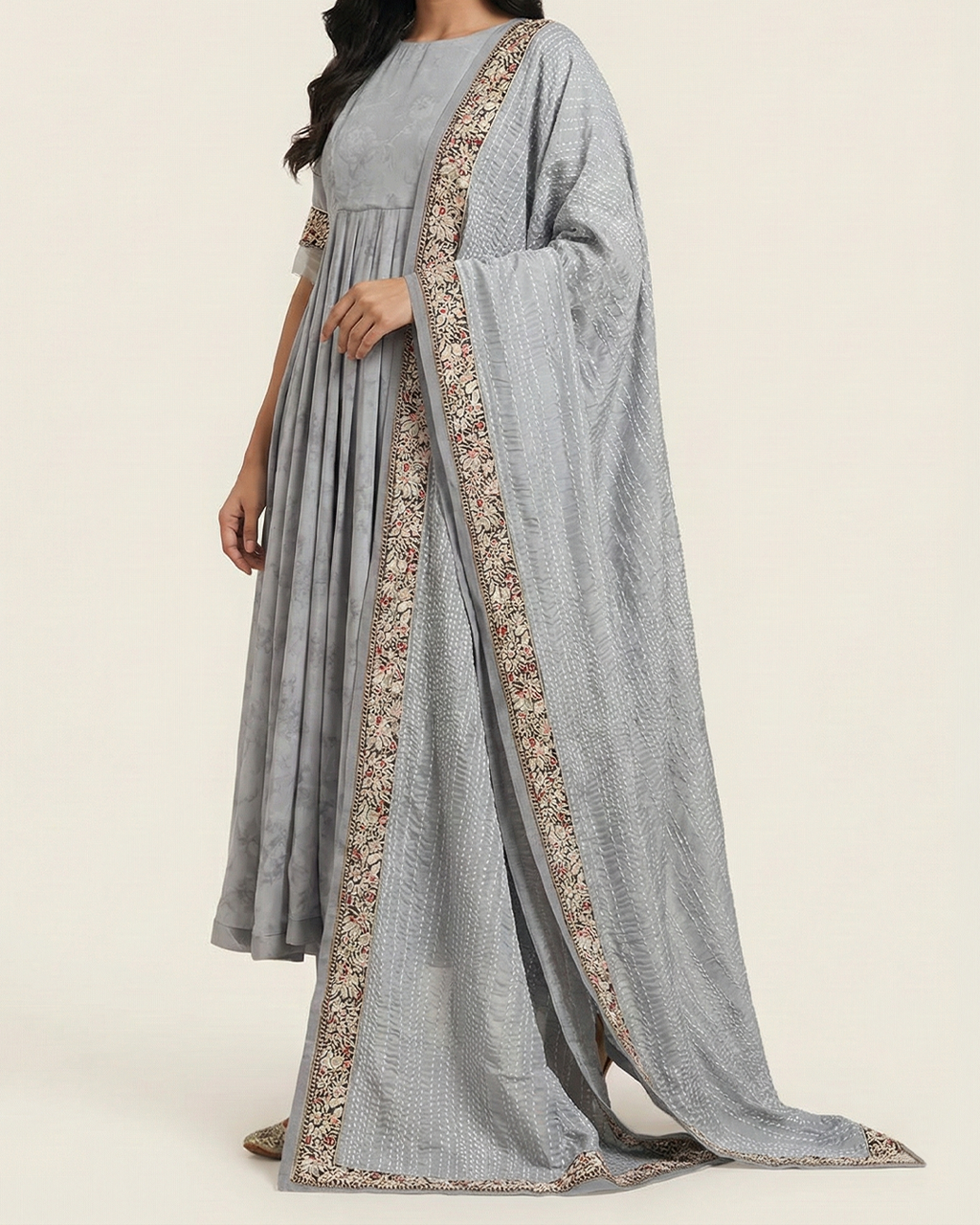 Gray Handwoven Self Crepe Silk Anarkali