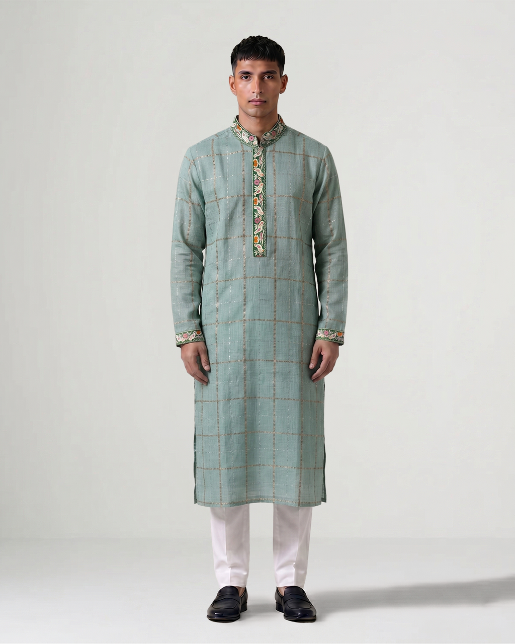 Sea Green Handwoven Kota Kurta with Parsi Gara Embroidery