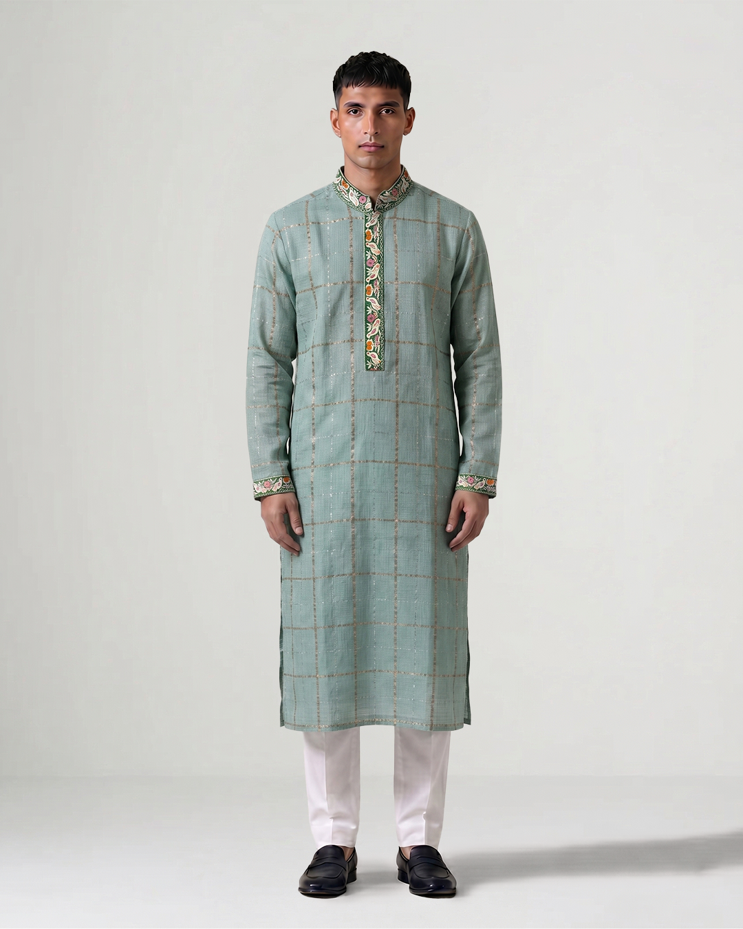 Sea Green Handwoven Kota Kurta with Parsi Gara Embroidery
