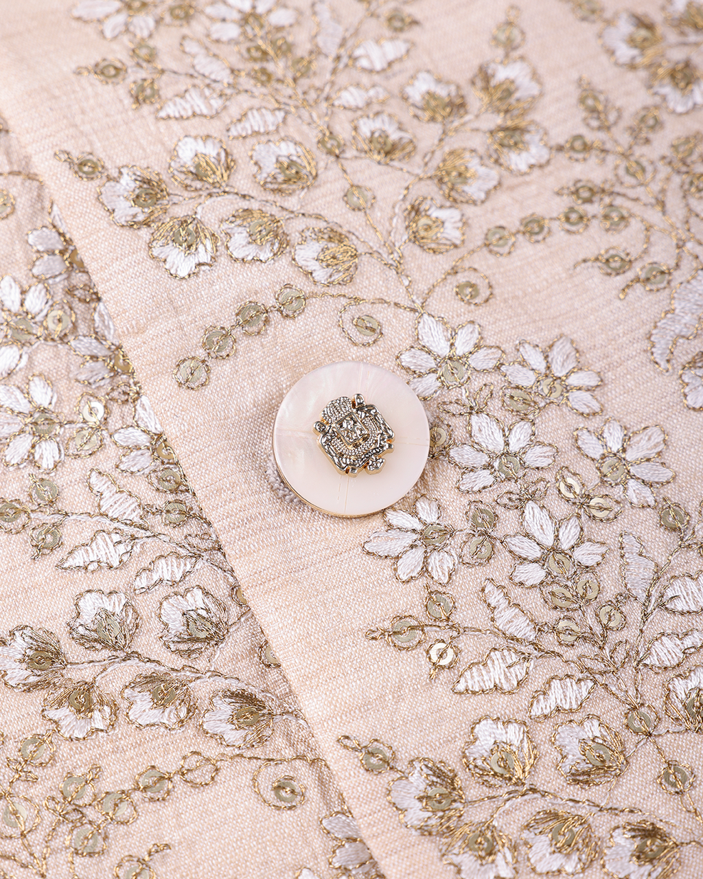 Beige Handwoven Tussar Silk Embroidered Bandhgala