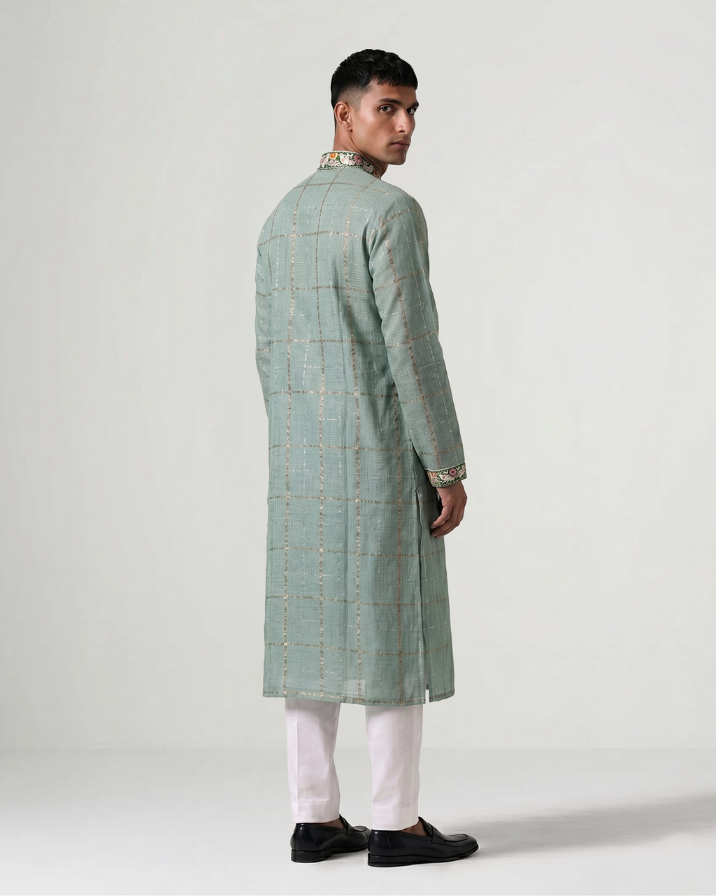 Sea Green Handwoven Kota Kurta with Parsi Gara Embroidery