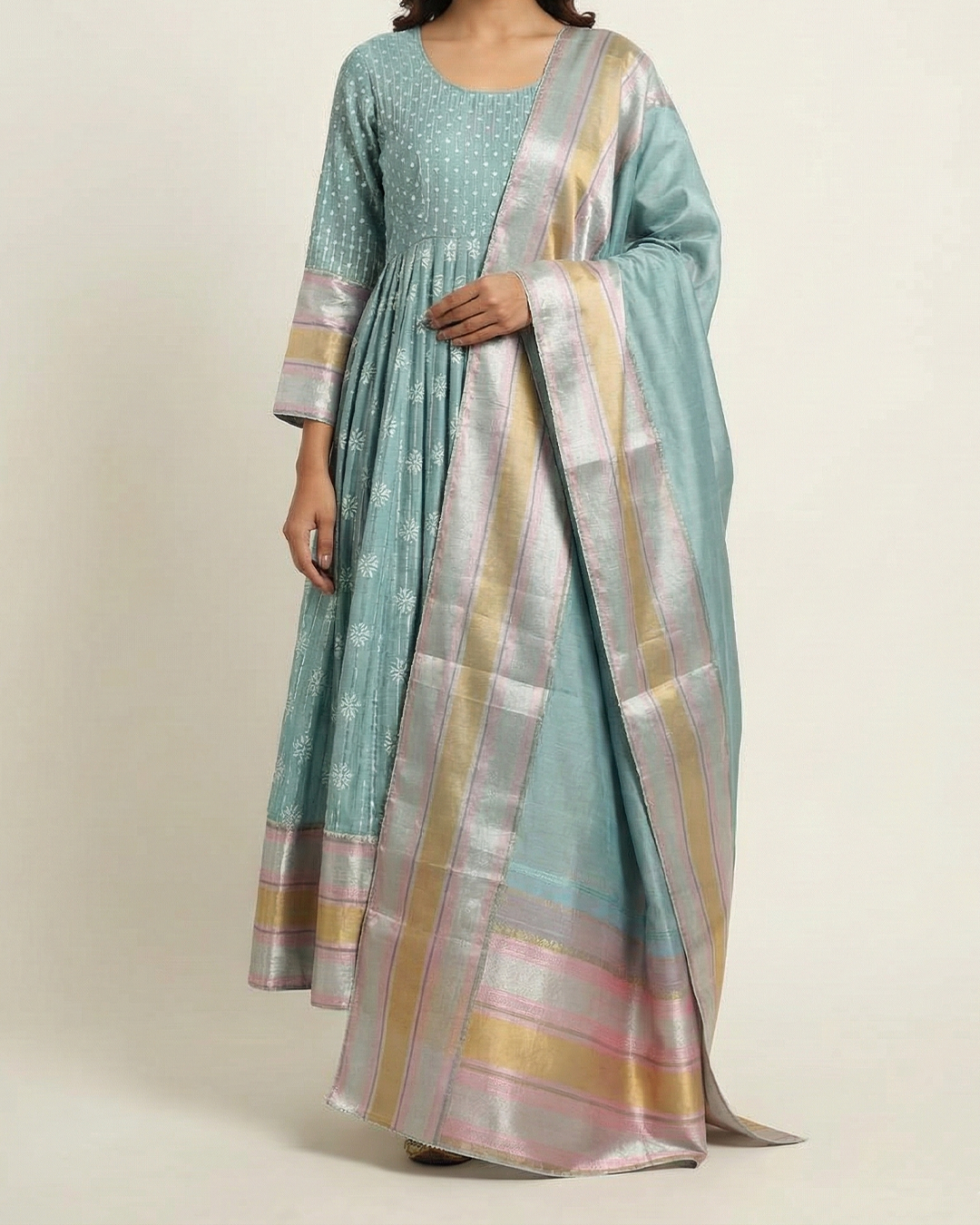 Blue Handwoven Tussar Embroidery Anarkali