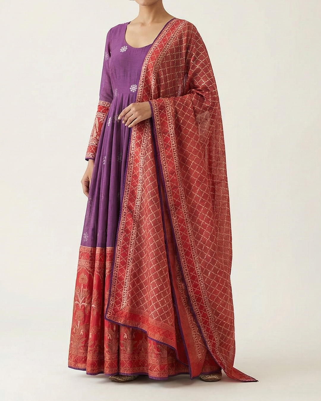 Purple Handwoven Cotton Kota Jamdani Anarkali