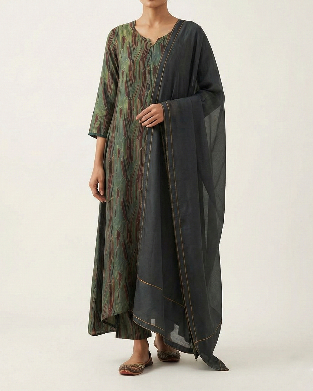 Green Handwoven Silk Natural-Dyed Block Print Sufi-Cut Kurta Set