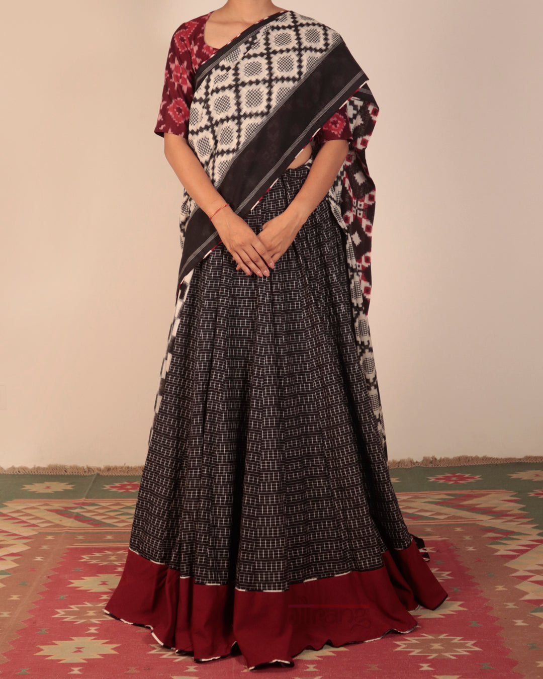 Black Double Ikkat Cotton Lehenga