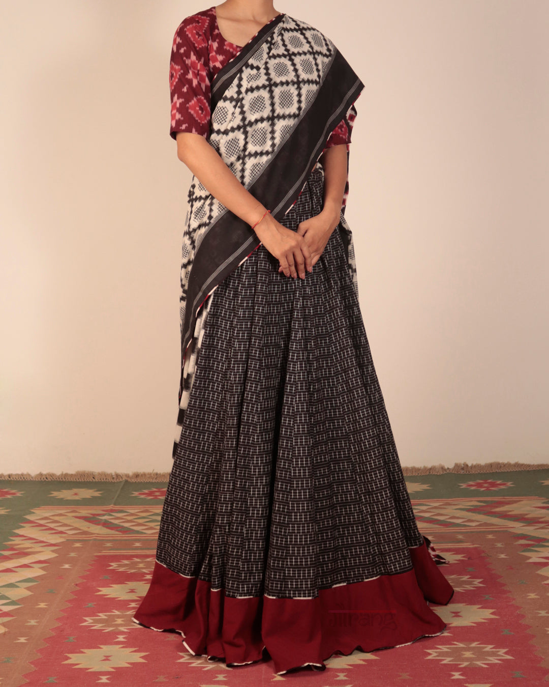 Black Double Ikkat Cotton Lehenga