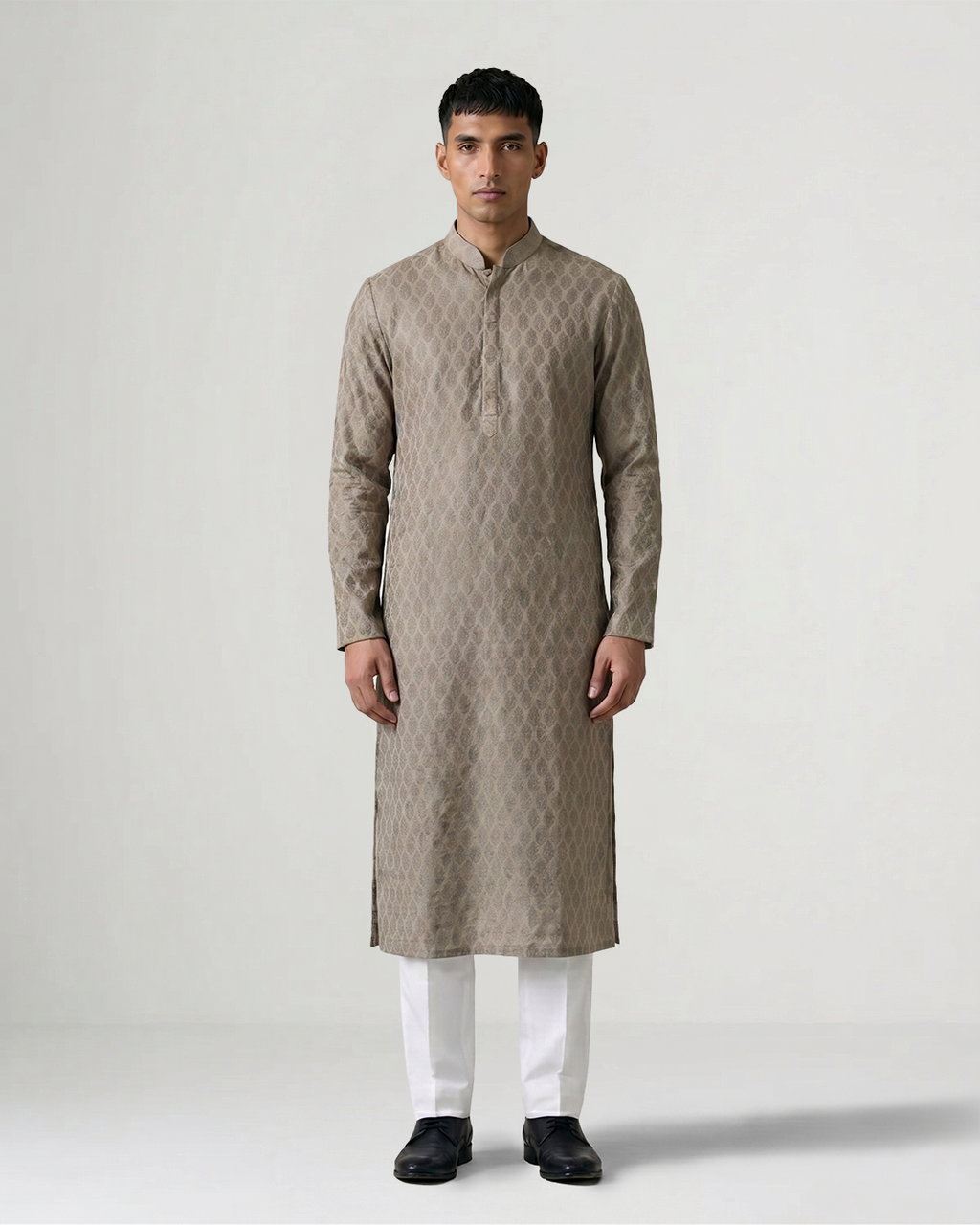Grey Self Woven Silk Kurta